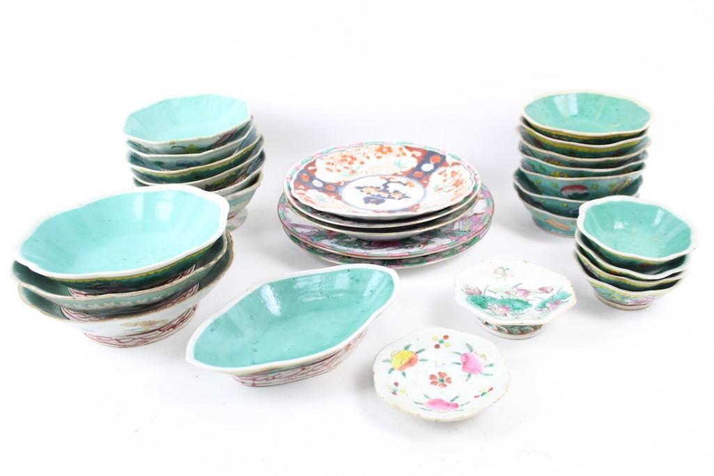 Large Lot of Green Chinese Painted Pottery Dinnerware (1 of 20)
