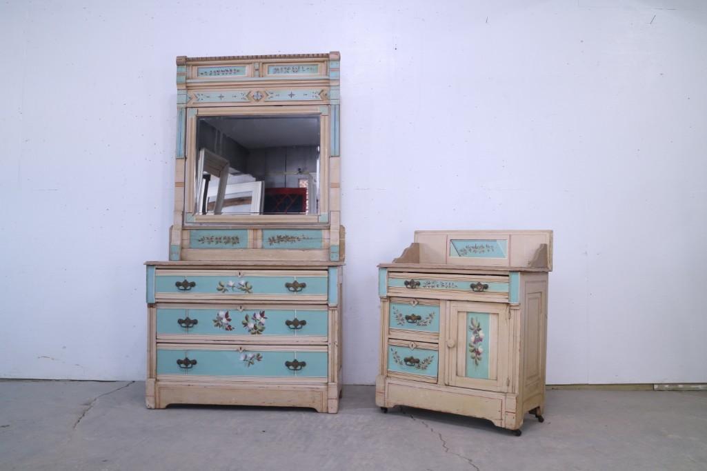 Antique Painted 2 Piece Bedroom Dresser Set w/ Mirror (1 of 7)