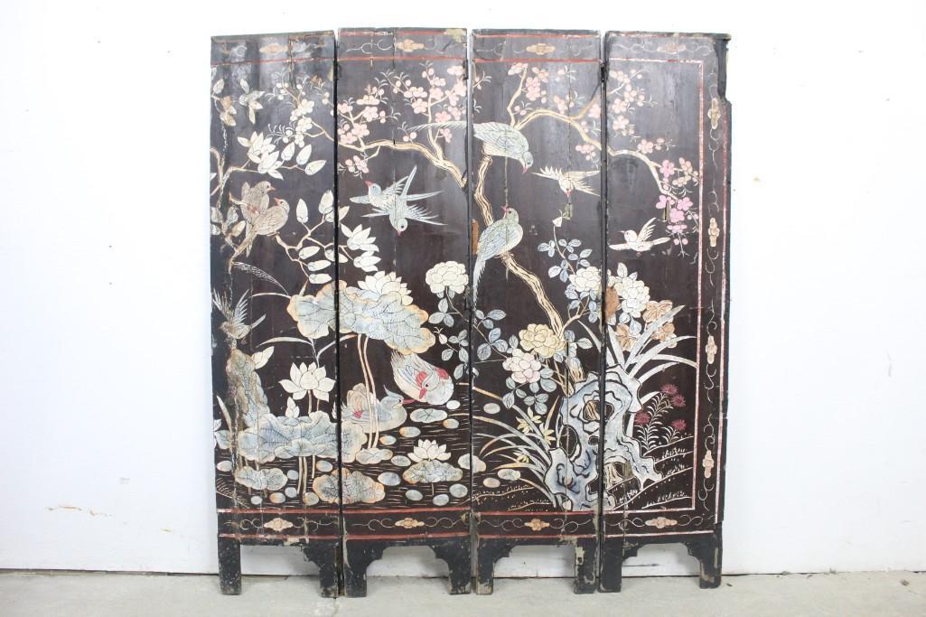 Antique Asian Painted Wood 4-Fold 2 Sided Small Screen (1 of 13)