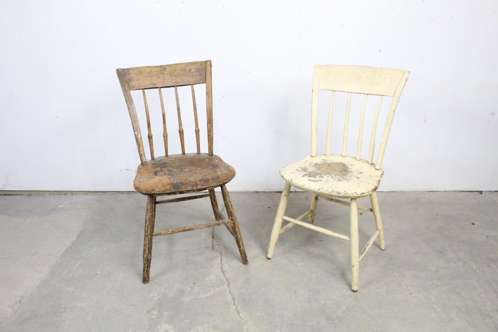 Pair of Primitive Wooden Patina Spindle Back Chairs (1 of 7)