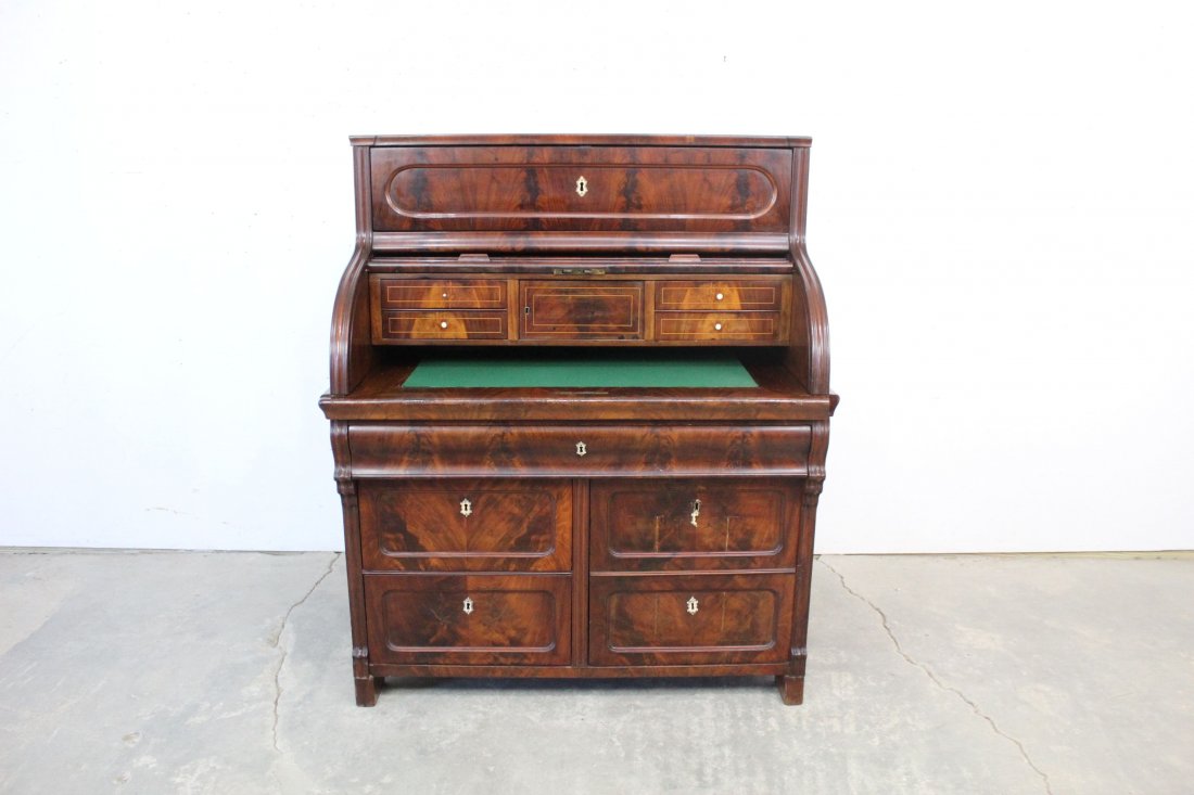 Antique 2 Tier Roll Top Desk Rosewood Key Green Felt: Antique 2 Tier Roll Top Desk Rosewood Keyhole Green Felt. Dark Wood roll top desk with a pull out green felt table top under roll top. Bottom right has pull door with 2 shelves inside, bottom left has