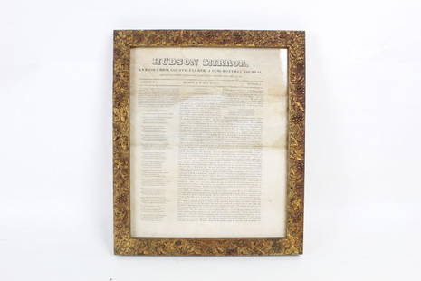 1840 Framed "The Hudson Mirror" Newspaper,New York: Framed front page of "The Hudson Mirror" from May 16th, 1840, in a wooden gold painted frame. This would be a great piece for any enthusiast of the Hudson River Valley area. Dimensions are