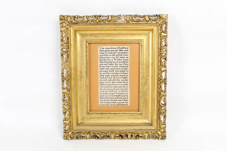Handwritten German Calligraphy in Gold Gilt Frame: Handwritten German passage in antique frame. Skillfully written passage framed in a Victorian style gold gilt wood scroll frame. Wonderful statement piece in any home with gold accents. Dimensions