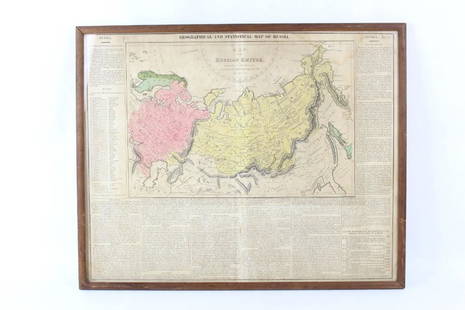 Antique Framed Map of Russian Empire "Improved to 1321": Antique Framed Map of Russian Empire "Improved to 1321." Geographical and statistical map, with full color and cultural information. This includes natural history, national character,