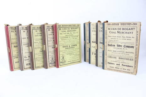 Set of 9 Hudson NY City Directory Books 1901-1909: Lot of 9 Clothbound Hudson NY City Directories from 1901 to 1909. Include Claverack and Stottville. Hardback clothbound directories list people's and business addresses., and include