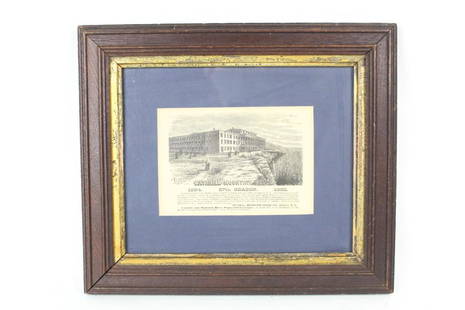 Antique 1880 Ad for Catskill Mountain House in Frame: Antique 1880 Ad for Catskill Mtn House in Wood Frame. This charming print ad shows people outside the house touring the mountain top. Mounted on a blue mat board with a gold painted inner frame.