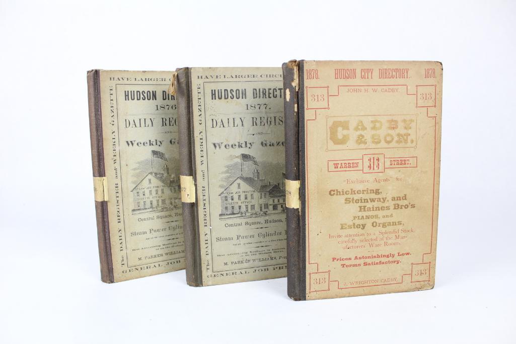 Lot of 3 Hudson NY City Directories,1876-1878: Lot of 3 Hardbound Hudson NY City Directories,1876-1878. Hardback clothbound directories list inhabitant's names, occupations and addresses, a business directory with addresses, and includes adver