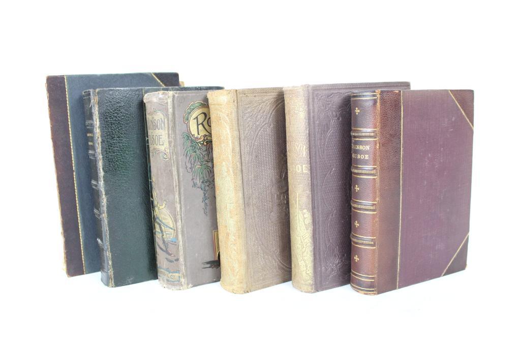Lot of 6 Antique Volumes Robinson Crusoe, Daniel Defoe: Lot of 6 Antique Hardback Volumes of Robinson Crusoe, by Daniel Defoe. Includes: 1. Complete Edition Illustrated, Publisher James Miller, NY 1863. Gilt title. Very good condition. 2. New Edition, Publ