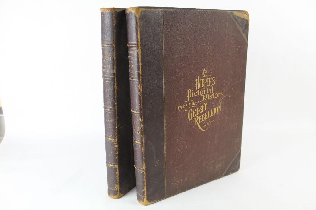 Harper's Pictorial History of the Great Rebellion 1866: Two volume set, Harper's Pictorial History of the Great Rebellion, by Alfred H. Guernsey and Henry M. Alden. Tall folio hardback volumes are leather bound,with gilt lettering on the front cover an