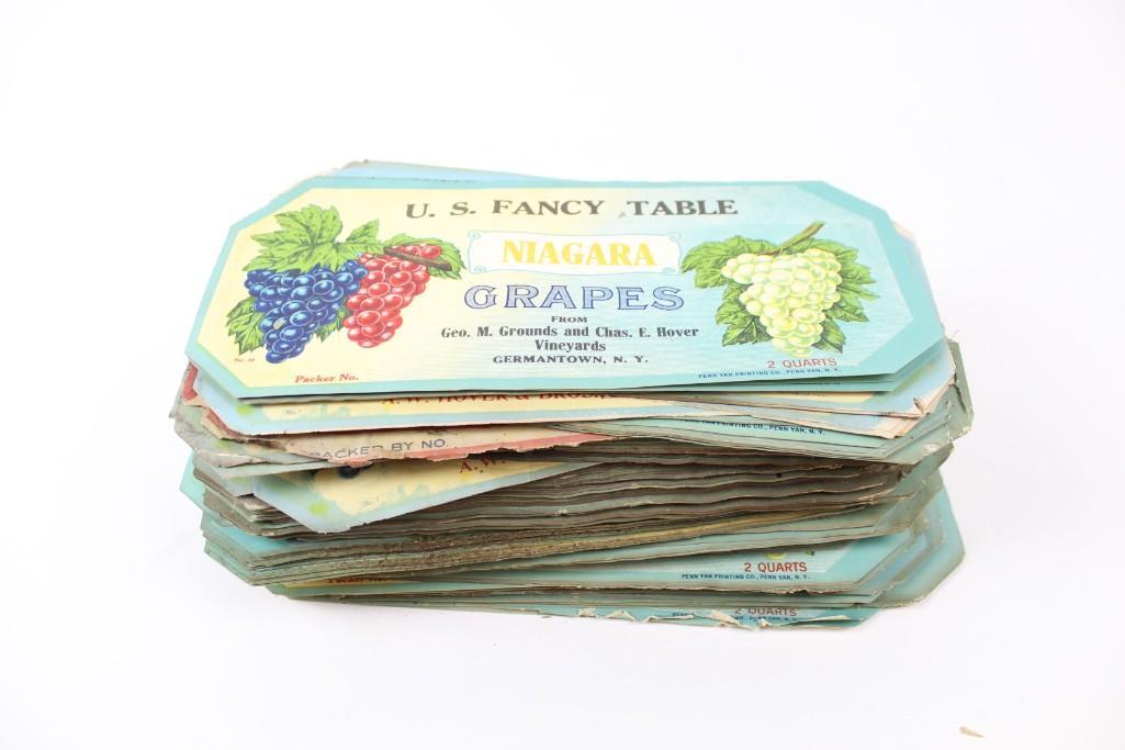 Lot 300+ Antique Germantown NY Grape Crate Labels,Wine: Huge lot of approximately 350 vintage 2 quart grape crate labels from Germantown NY. Some read Geo. M. Grounds and Chas. E. Hover Vineyards, Germantown NY. A few read "New York State Grapes" a