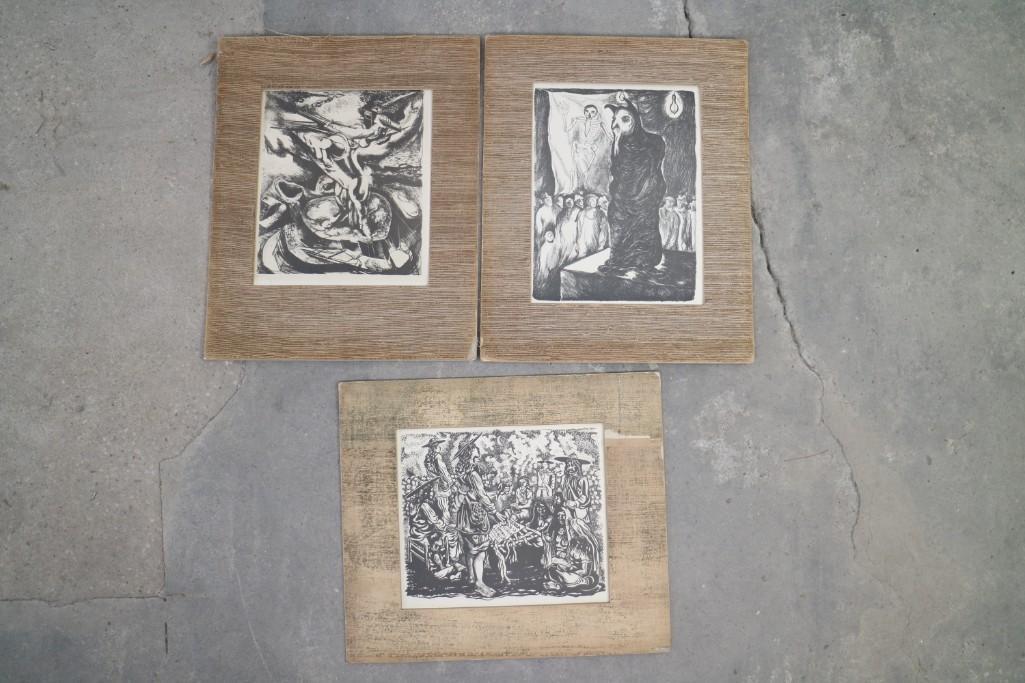 Lot of 3 B&W Matted Lithograph Prints by Mexican Artist (1 of 5)
