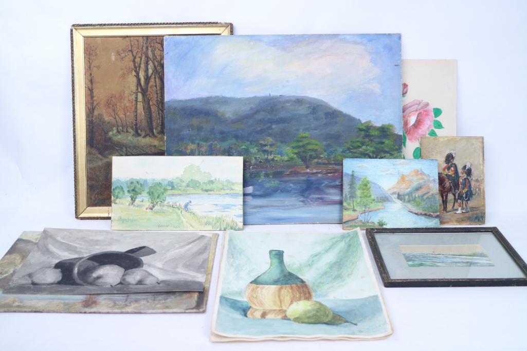 Lot of 12 Watercolor, Oil, Pastel Paintings, Naive Art (1 of 10)