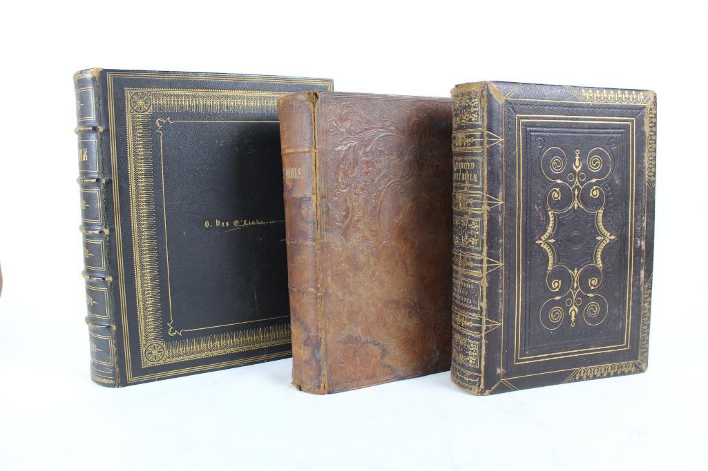 Lot of 3 Antique 19thC. American Family Bibles: Lot of three 19th-century American family Bibles, published by the American Bible Society / William Collins, London & Glasgow, in the years 1861, 1859, and 1854. Some nice embossing and gilt leath