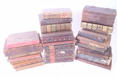 29 German Hardcover Leatherbound Books, Luther Bible: Lot of 29 different mostly German hardcover leatherbound books, including a few English titles and an antique Martin Luther Bible.Dimensions range from 8.75 in h x 6 in x 2.5 in d to 5.5 in h x 4 in