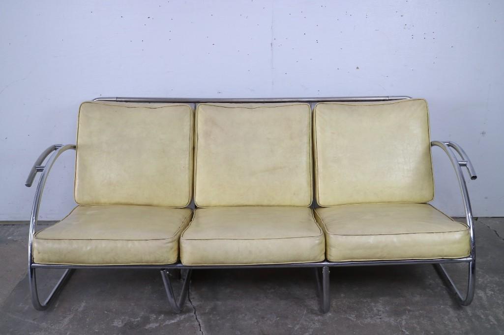 Art Deco 6 ft Tubular Chrome Yellow Vinyl Couch Sofa (1 of 13)