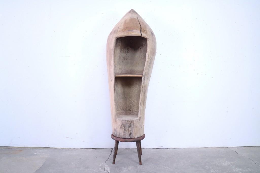 Unusual Handmade Wood Storage Shelf on Iron Stool Stand (1 of 11)