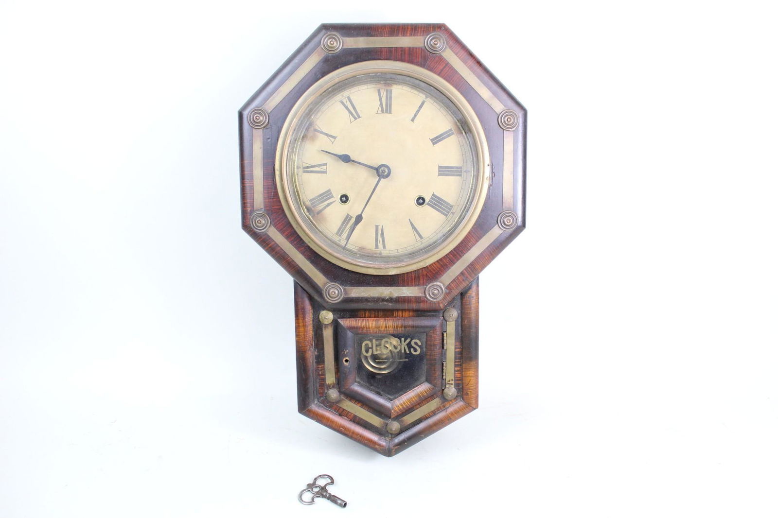 Antique Wood Octagonal Wall Clock W Brass Details (1 of 13)