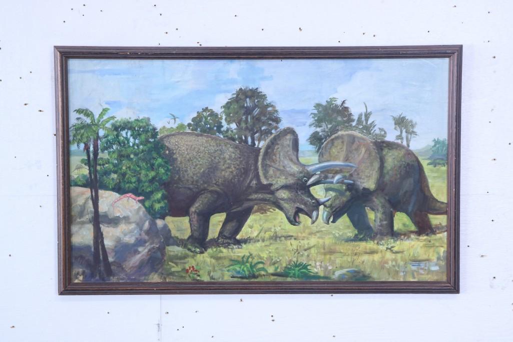 Framed Painting of Dueling Triceratops Dinosaurs,Museum: Framed Painting of Dueling Triceratops Dinosaurs,Museum. This is a great painting depicting a pink lizard looking upon two Triceratops battling it out. It was deaccessioned from the Utica Children'