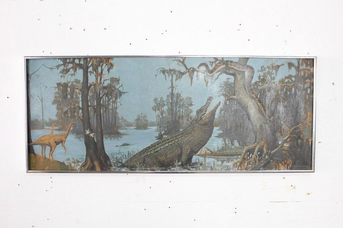 Framed Signed Swamp Painting Mesozoic Era of Alligator (1 of 7)