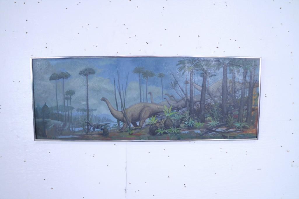 Framed Dinosaur Painting of Brontosaurus,Museum Display: Framed Dinosaur Painting of Brontosaurus,Museum Display. This is a wonderful framed painting of a Brontosaurs herd rampaging through a tropical landscape. It was done on masonite and sits in a chrome 