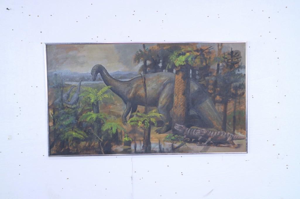 Framed Dinosaur Forrest Landscape Painting,Plateosaurus: Framed Dinosaur Forrest Landscape Painting,Plateosaurus. This is a handsome framed painting of a group of Plateosaurus dinosaurs marching through a forested area. Would be a great gift for someone int