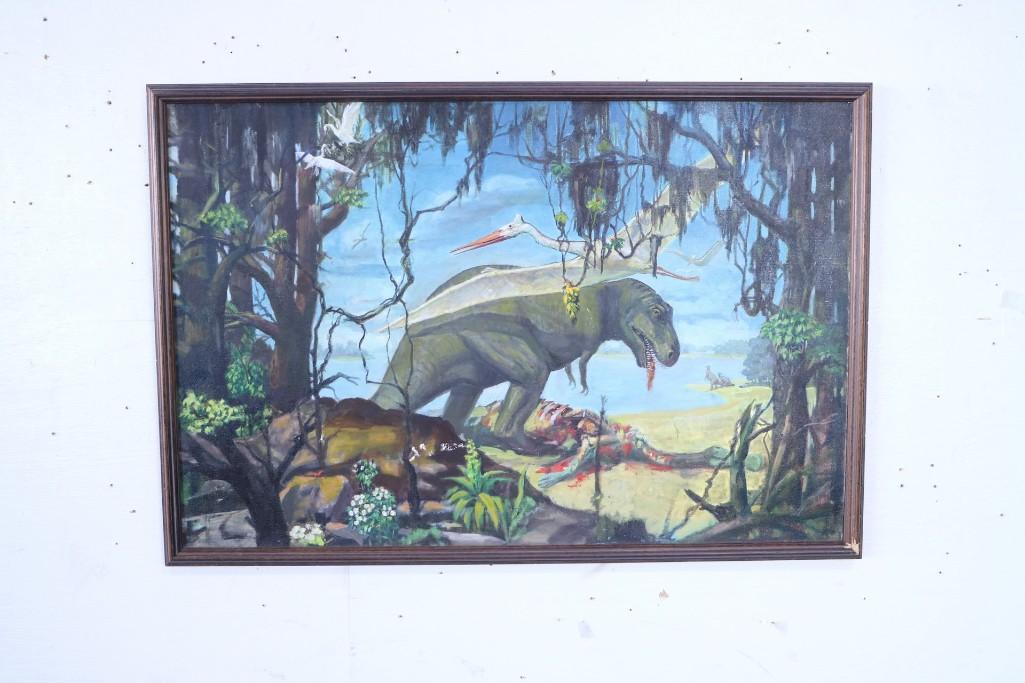 Large Framed Dinosaur Painting on Canvas,T-Rex Hunting (1 of 8)