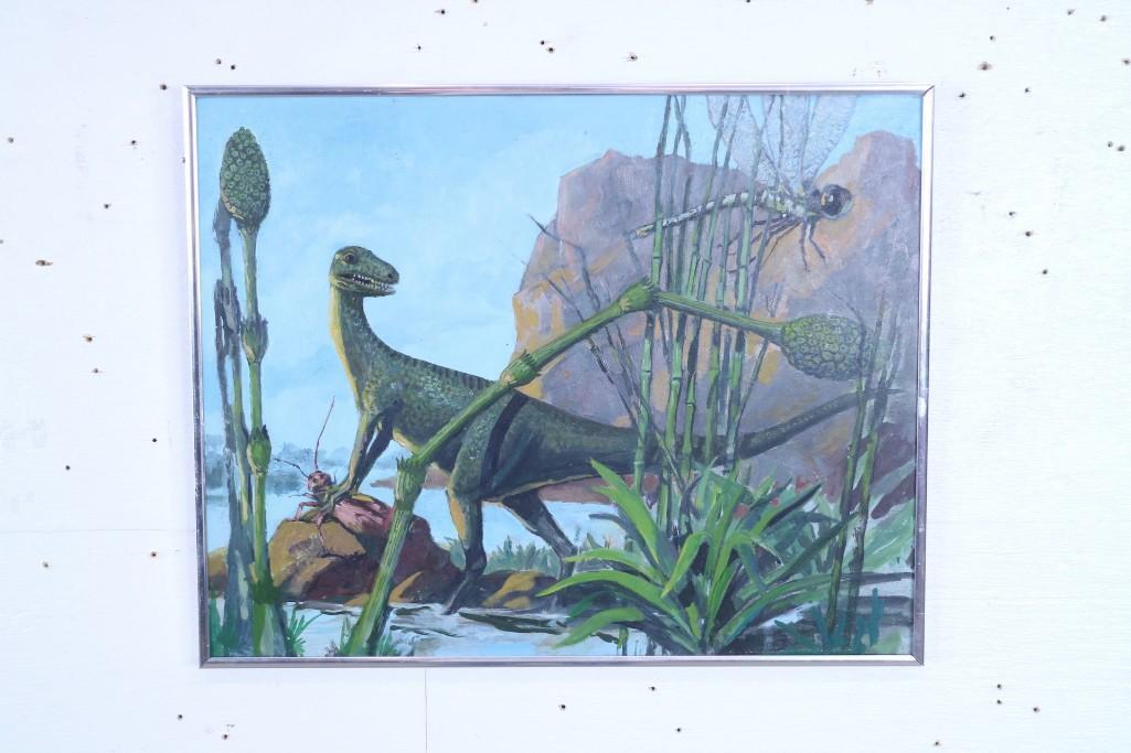 Framed Dinosaur Hunting Insects Painting,Museum Display: Framed Dinosaur Hunting Insects Painting,Museum Display. This is a fun painting of a tiny dinosaur hunting insects in a marshy environment. It is painted on masonite and has a chrome frame. It is unsi
