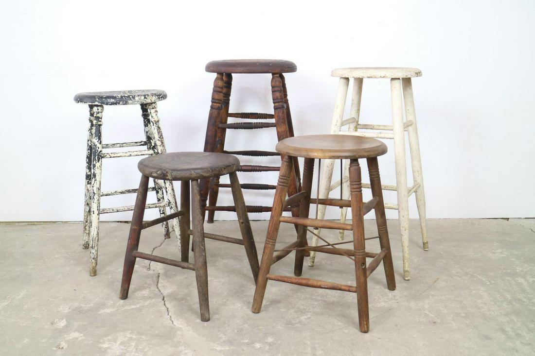 5 Vintage Wooden 4 Legged Stools, Painted & Turned (1 of 9)