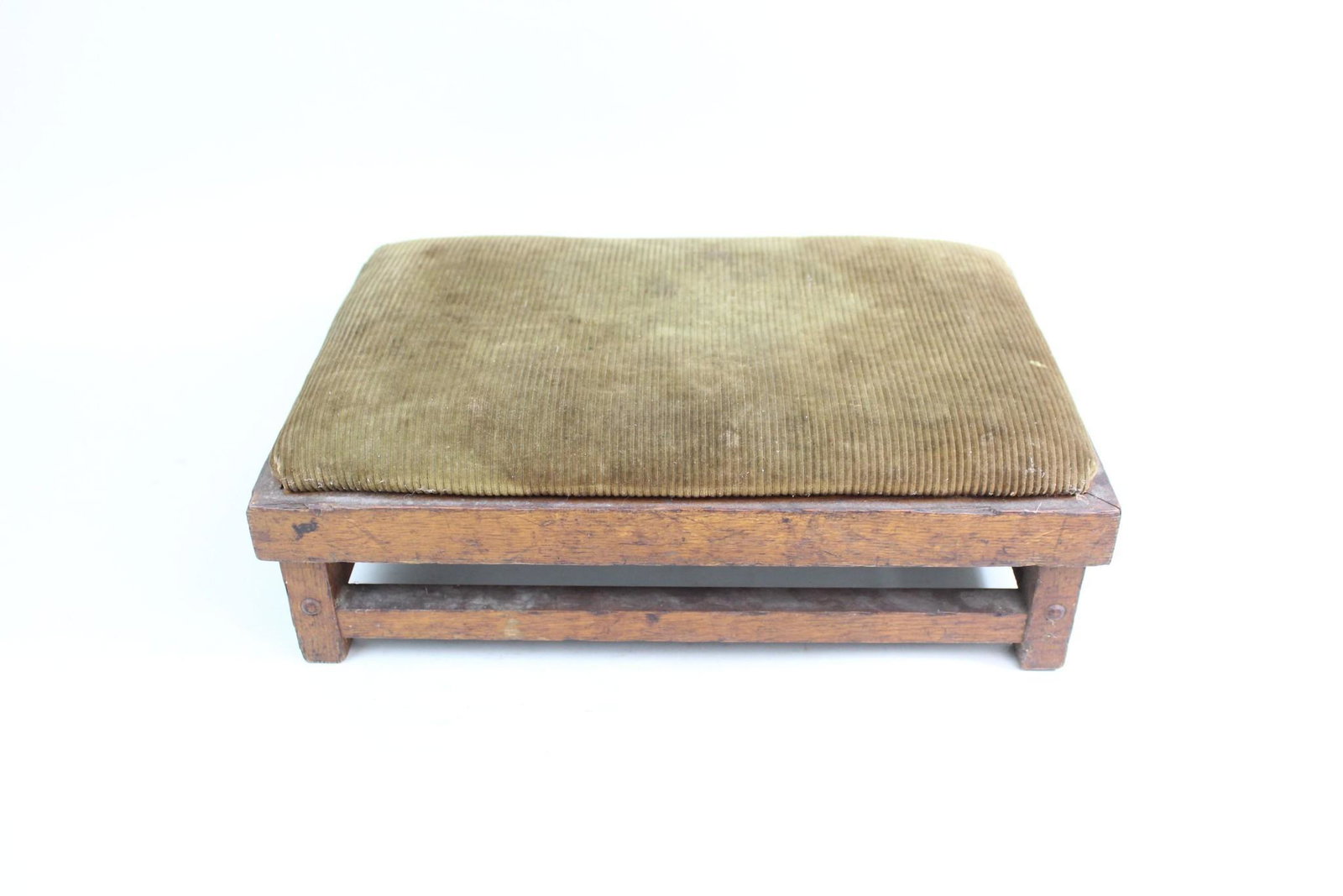 Low Antique Arts & Crafts Green Corduroy,Wooden Stool (1 of 8)
