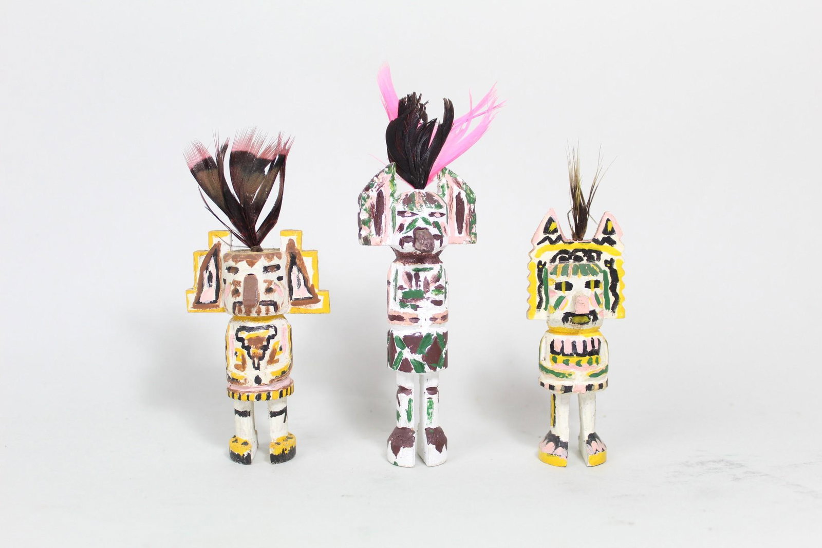 Lot 3 Carved & Painted Wood Kachina Figures W Feathers (1 of 9)