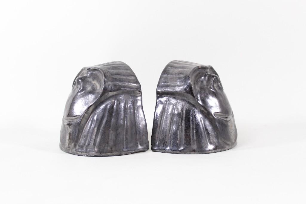 Pair of Happy Gorilla Head Pottery Bookends, Signed (1 of 4)