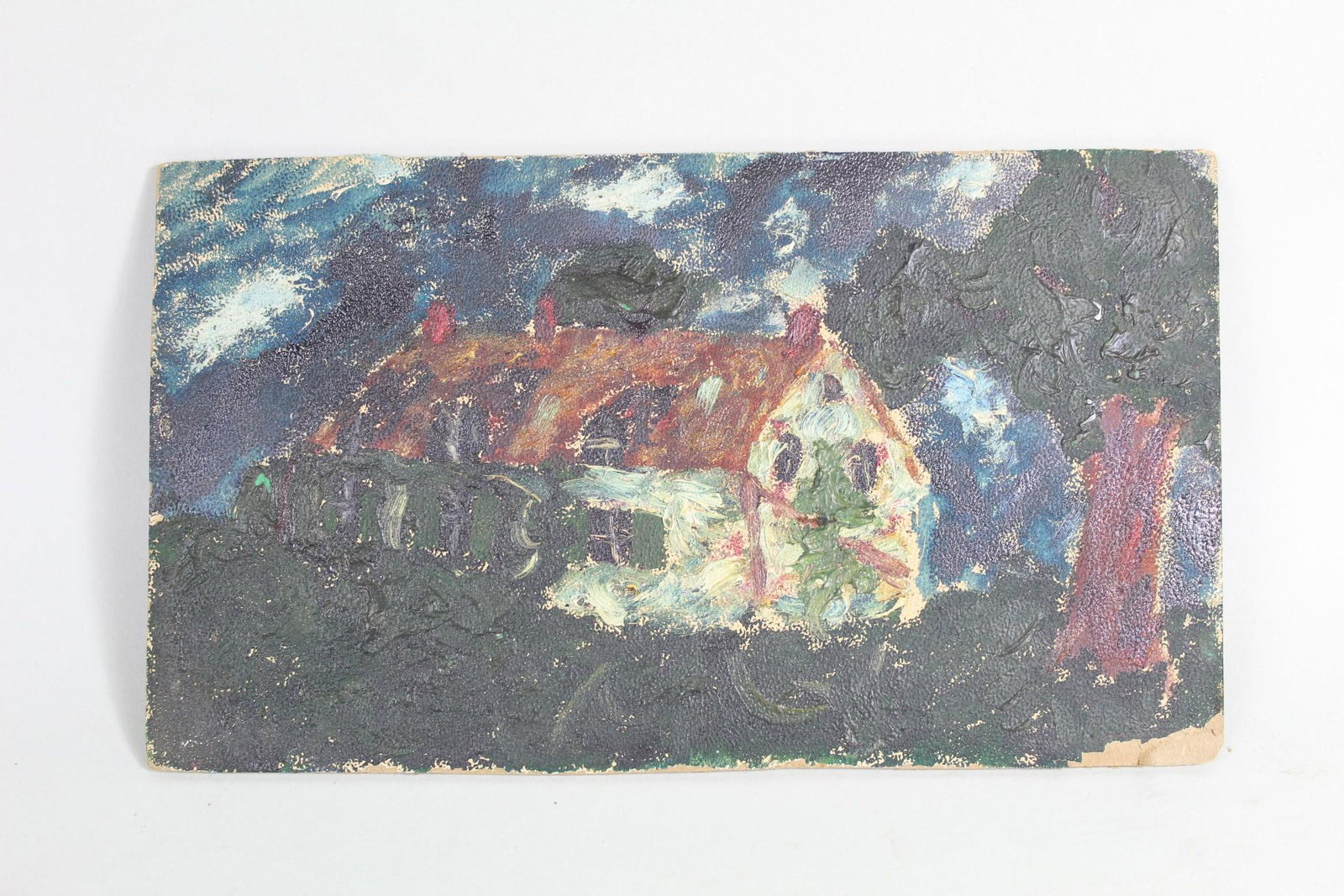 Small Primitive Folk Art Oil Painting of House W Tree (1 of 8)