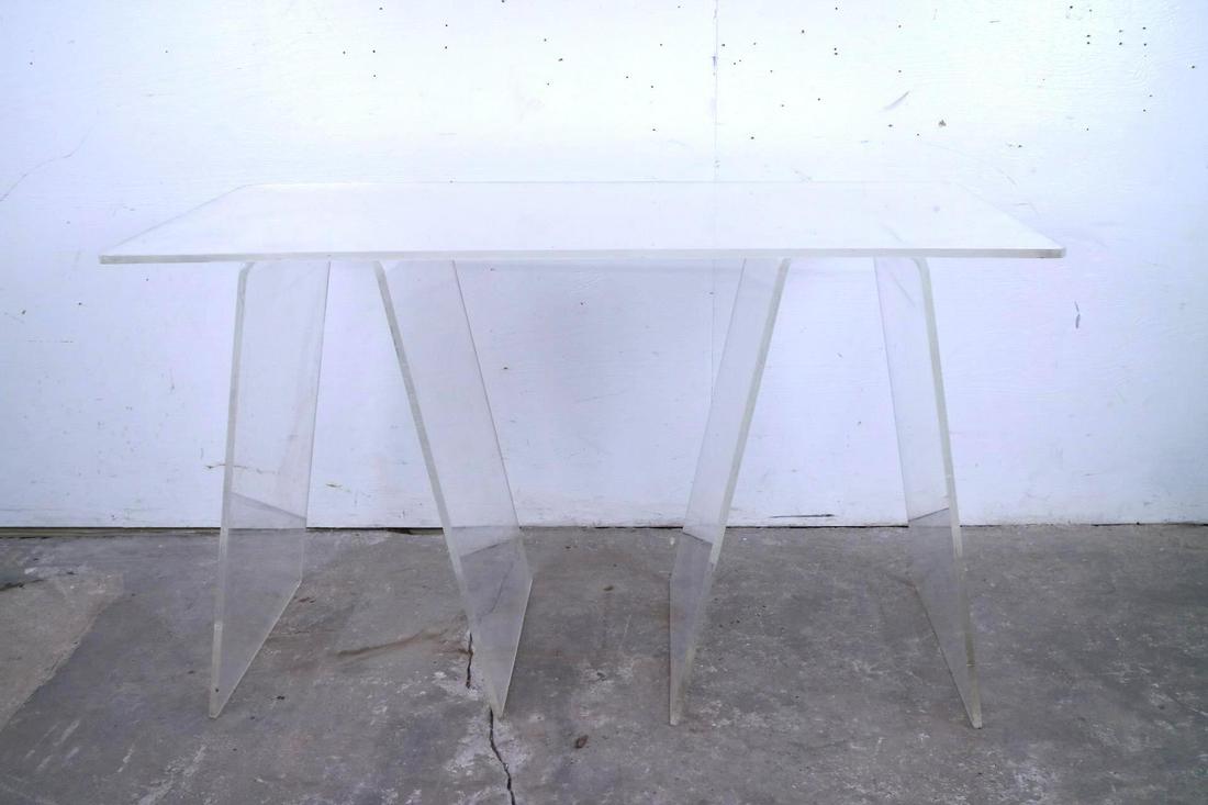 Mid-Century Modern Clear Vinyl Sawhorse Dining Table (1 of 7)