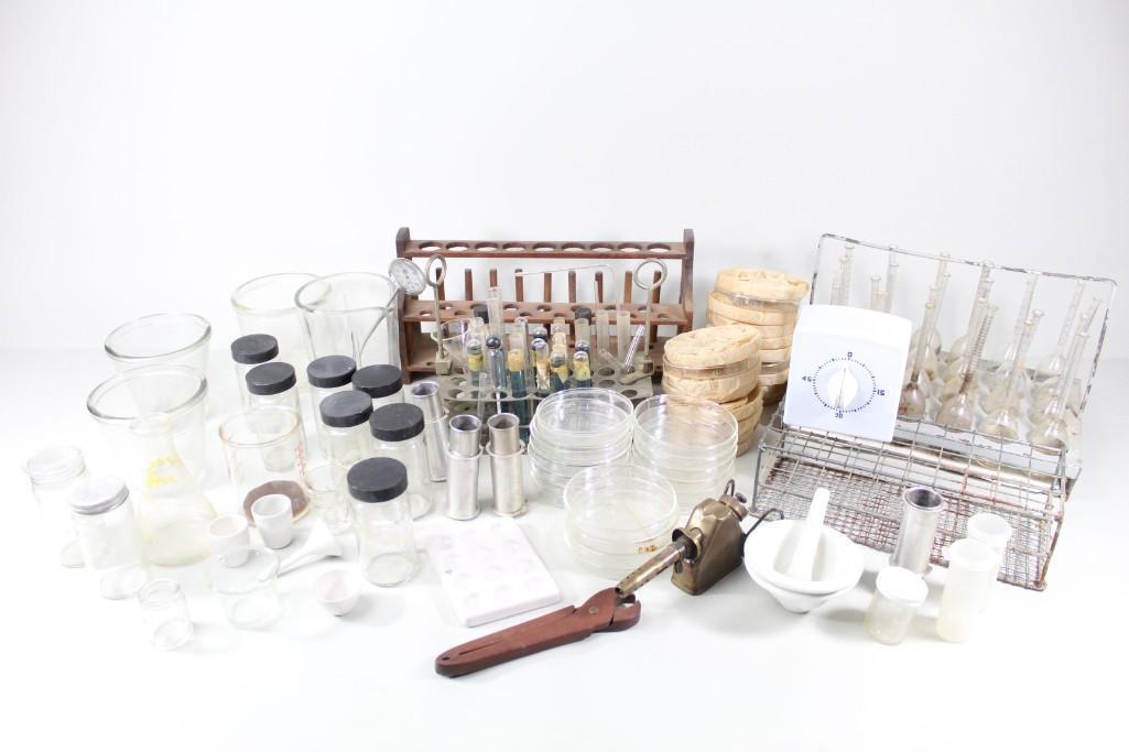 Lot Laboratory Test Tubes,Vials,Dishes,Mortar,Pestle (1 of 10)