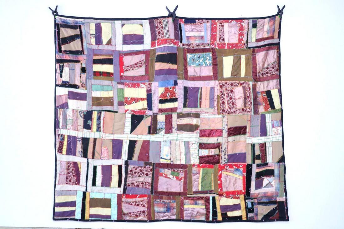 Hand-Stitched Multi-Colored Crazy Patch Quilt,Blue Back (1 of 15)