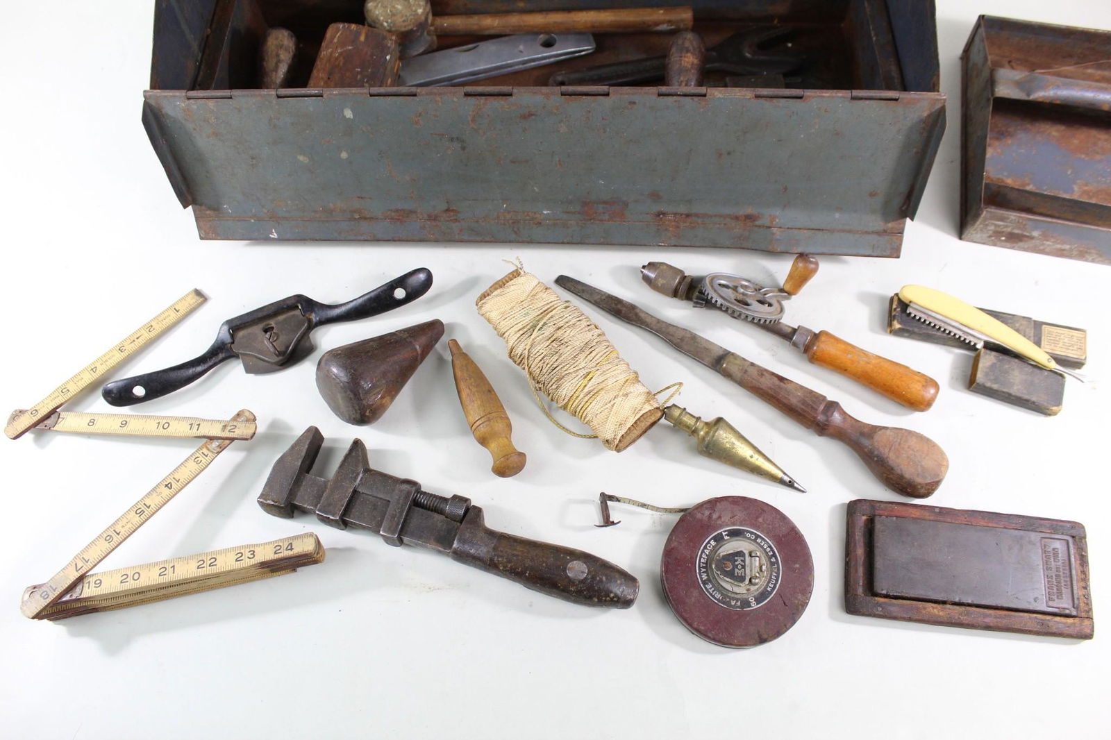 Pair Vintage Industrial Toolboxes W Wrench,Ruler,Drill (1 of 12)