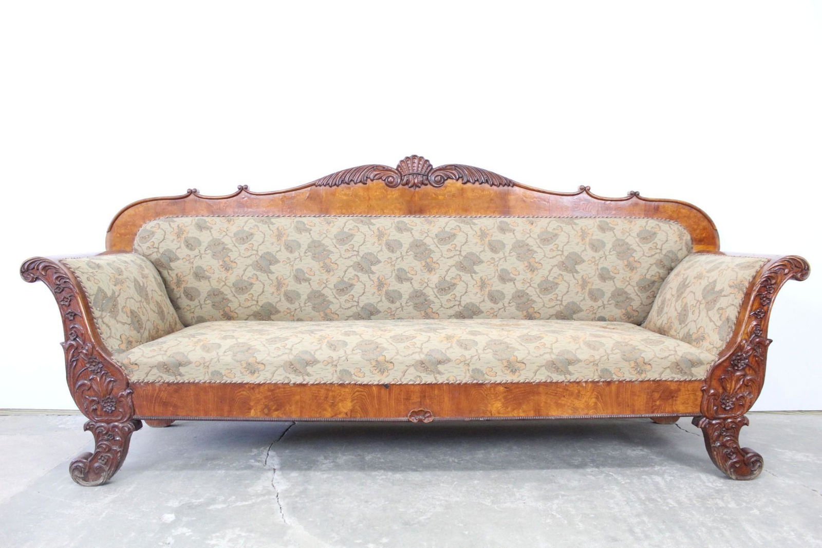 19th C.Upholstered Biedermeier Sofa Wood Carved Floral (1 of 10)