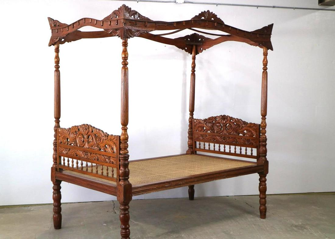 Ornate Floral Carved Canopy Bed Frame,Cane,Turned Posts (1 of 18)