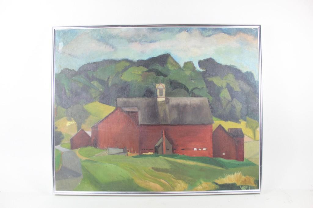 Red Barn Farm Landscape Painting on Canvas, Framed (1 of 6)