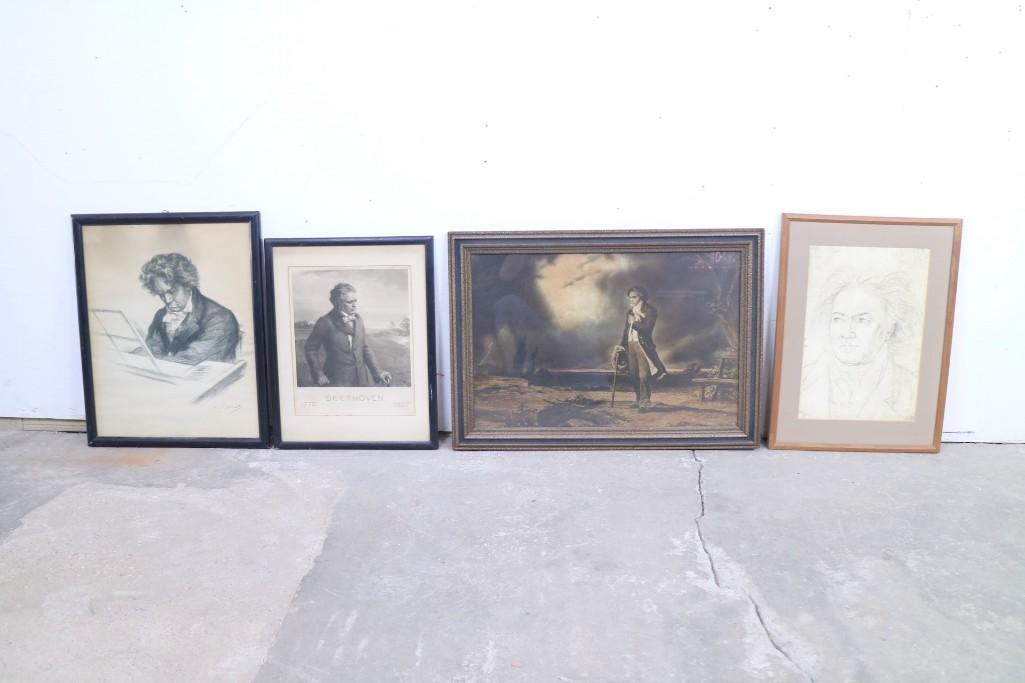 4 Large Framed Antique Prints of Beethoven,Lithograph (1 of 9)