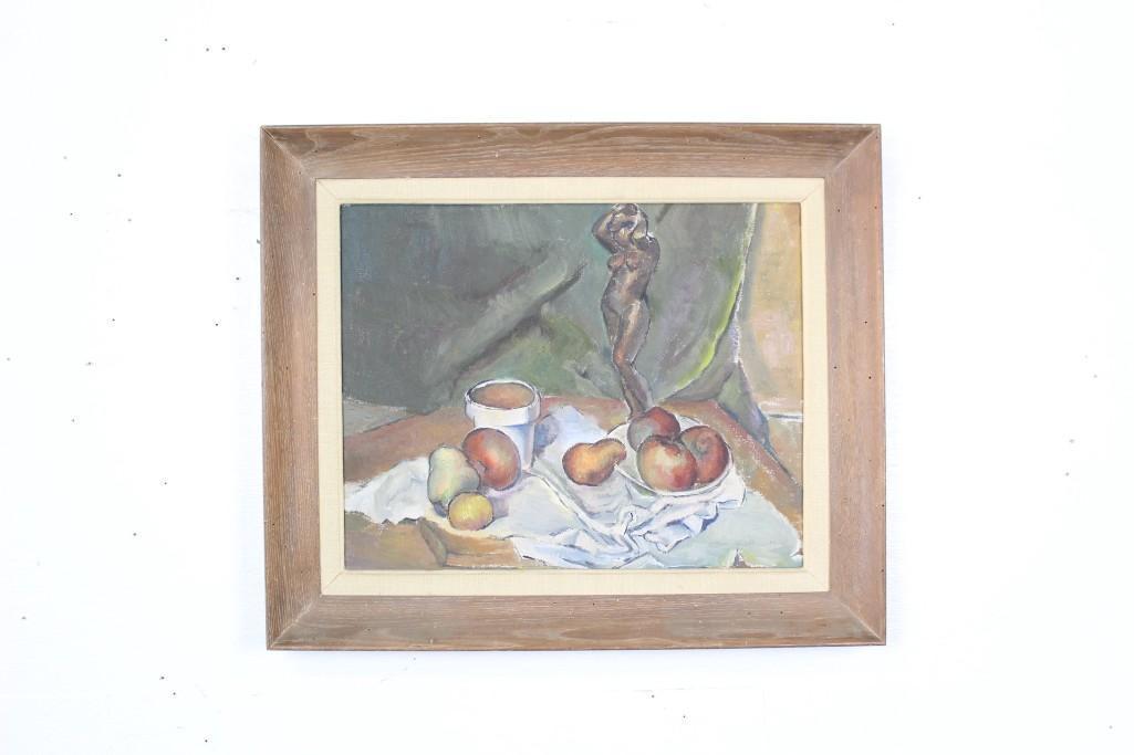 Perlman Framed Still Life Painting,Figure & Fruit,1962: Perlman Framed Still Life Painting,Figure & Fruit,1962. This painting is likely oil, and signed by Perlman in 1962. The label on the back of the frame reads Norton Howe, Woodstock NY, where the fr