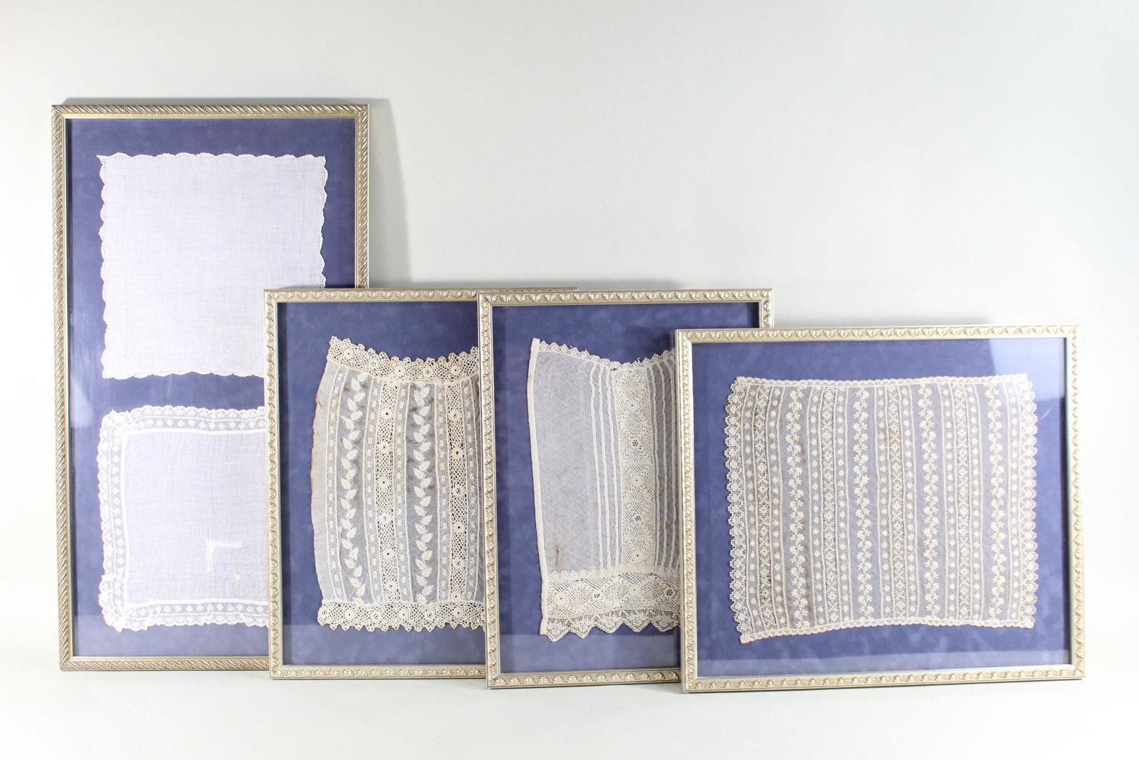 Set of 4 Framed Antique Square Lace Pieces,Handmade: Set of 4 Framed Antique Square Lace Pieces,Handmade. This is a wonderful collection of 5 lace pieces set in 4 ornate metal frames, under UV protected glass. Some of the pieces of lace has been persona