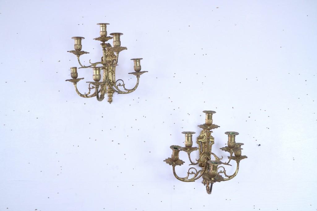Pair of Neoclassical Casted Brass Candelabra Sconces (1 of 9)