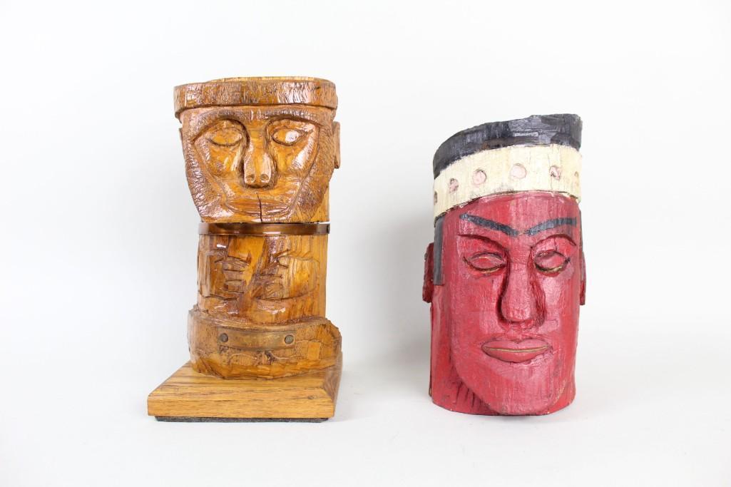 Pair Carved Wood Native Amer Heads Sculptures Geer 1970 (1 of 16)
