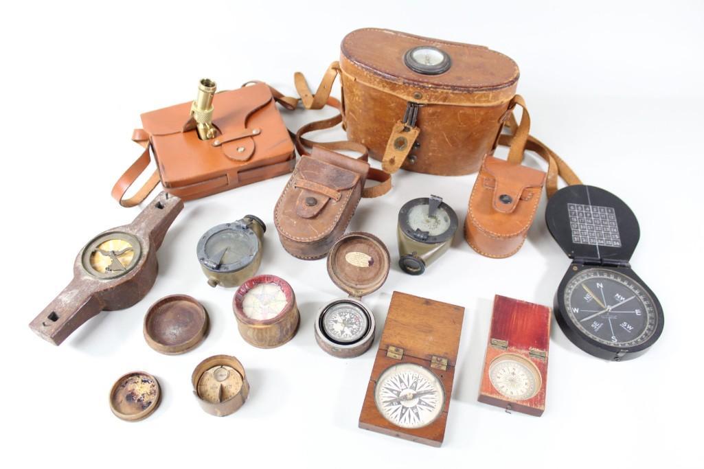 10 Compasses & Binoculars with Cases,Industrial,Vintage: 10 Compasses & Binoculars with Cases,Industrial,Vintage. This set includes a Dietzgen unit in a carrying case. Binoculars labeled "U.S. Naval Gun Factory" has carrying case. There are more