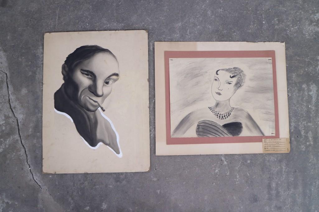 Folk Art 2 Drawings on Paper Portraits Charcoal,Gouache (1 of 6)