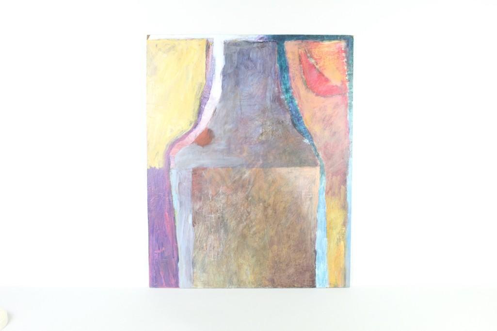 Modern Abstract Jane Kirstel Painting w/Studio Stamp: Modern abstract painting on masonite by American artist, Jane Kirstel, 1931-2020. Large shapes in orange, yellow, brown, blue and purple with red accents. The back is stamped "Studio Jane Kirstel 