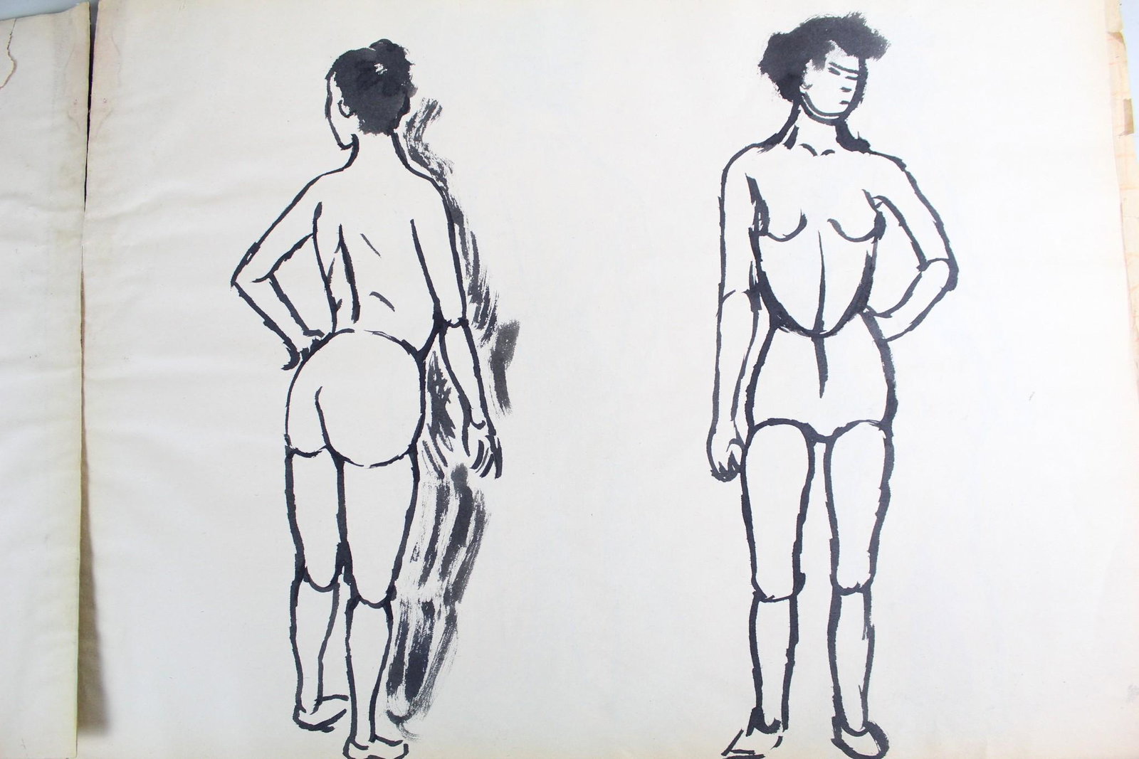 Studio Artist Sketch Book Figure Drawings,Charcoal,Ink: Studio Artist Sketch Book Figure Drawings,Charcoal,Ink. This is a charming lot of sketches from an artist's sketch book. Many of the drawings are of nude models. There is a very lovely naive ink d