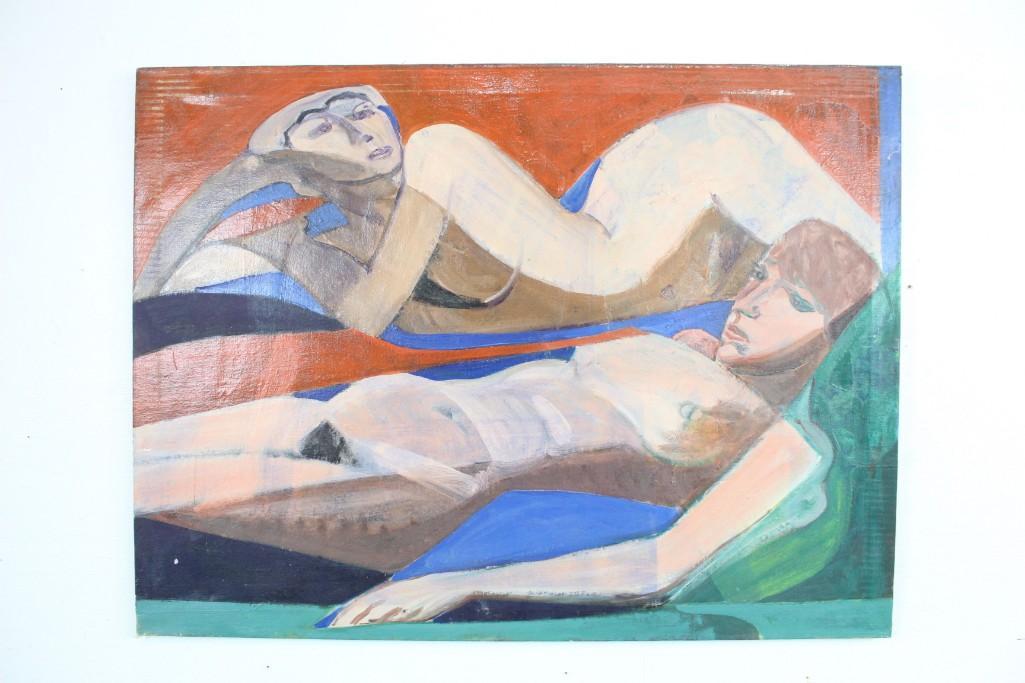 Paul Savitt Colorful Modern Painting of Two Women,Nude: Paul Savitt colorful modern painting of two women reclining. Public Sale was lucky enough to find a trove of beautiful works by Paul Savitt in a storage locker and we now offer them with no reserve. T