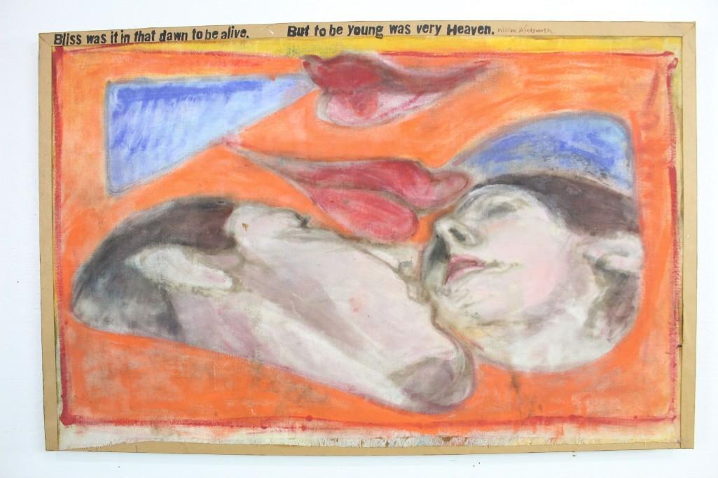 Paul Savitt Abstracted Painting of Man, Woman, & Lips: Paul Savitt abstracted painting of man, woman, and lips. There is a quote on top that says "bliss was it in that dawn to be alive but to be young was very heaven - William Wordsworth." Public 